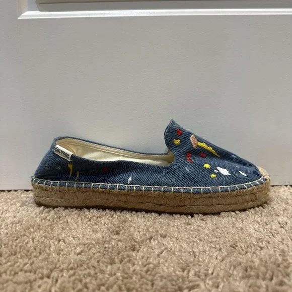 Soludos Shoes Womens Size 7.5 Blue Denim Espadrilles Paint Splatter Slip On - Picture 1 of 7